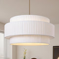 LamQee 23.6inch Fabric Drum Chandelier, 3-Tier Farmhouse Fabric Dining Light Fixture Gold Ceiling Semi Flush Mount Pendant Light for Dining Room Living Room Kitchen Island Foyer