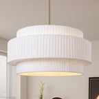 LamQee 23.6inch Fabric Drum Chandelier, 3-Tier Farmhouse Fabric Dining Light Fixture Gold Ceiling Semi Flush Mount Pendant Light for Dining Room Living Room Kitchen Island Foyer