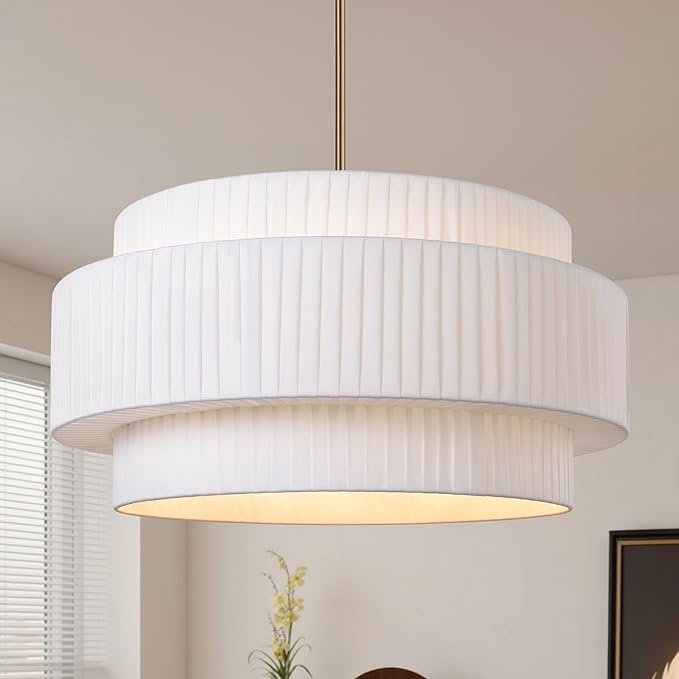 LamQee 23.6inch Fabric Drum Chandelier, 3-Tier Farmhouse Fabric Dining Light Fixture Gold Ceiling Semi Flush Mount Pendant Light for Dining Room Living Room Kitchen Island Foyer