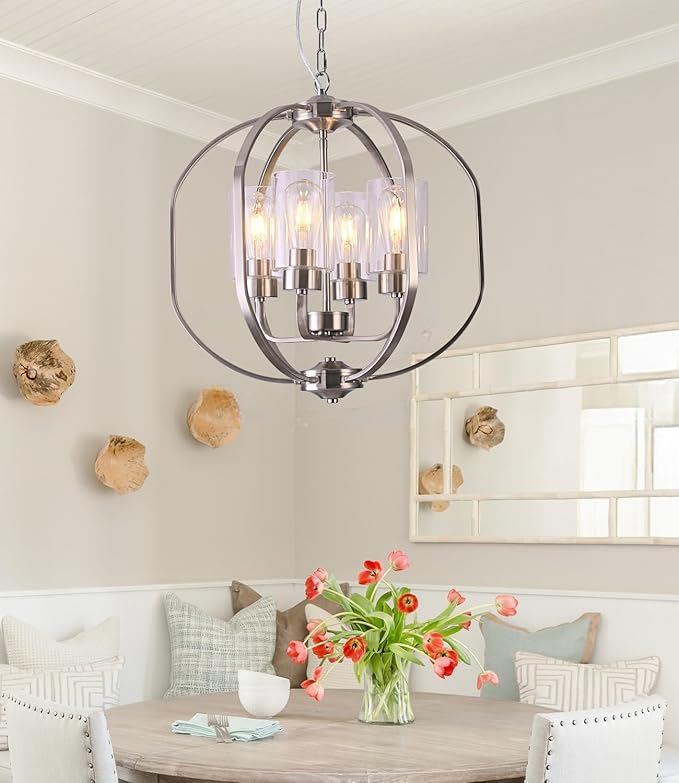 BOZO 20'' Globe Chandelier Brushed Nickel Chandeliers, 4-Light Modern Orb Chandelier,Ceiling Hanging Light Fixture with Glass Shade, Pendant Light for Dining Room Entryway Living Room