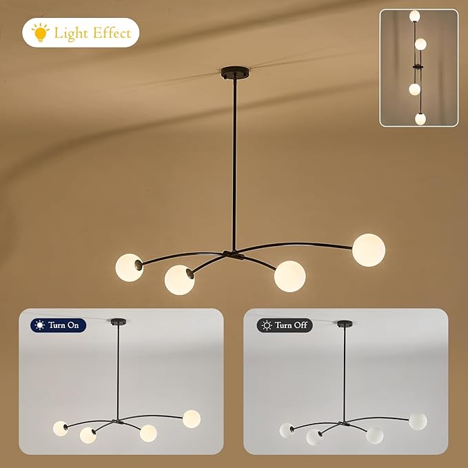 Modern Black Sputnik Chandelier for Dining Room L51” Mid Century Milk Glass Globe Ceiling Pendant Lighting Fixture Contemporary 4 Lights for Kitchen Island Bar Bedroom Home Office