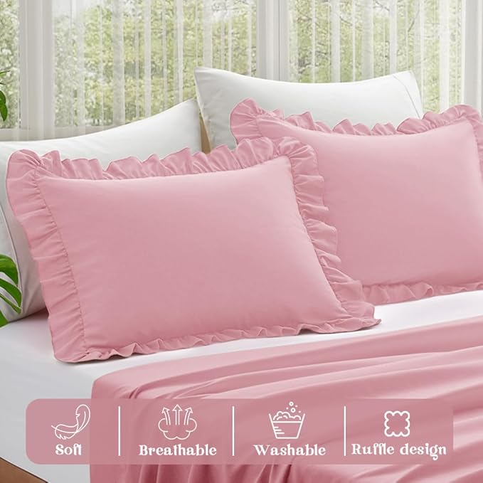KKJIAF Ruffle Pillow Cases Queen Size Set of 2, Ruffled Pillow Covers with Envelope Closure, Wrinkle Resistant Pillowcases 20" x 30", Ruffled Pillow Shams, Light Pink