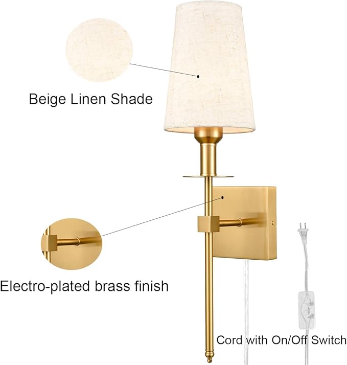 Gold Wall Sconces Set of Two Plug in Sconce Light Modern Brass Sconces Wall Lighting with Fabric Shade Wall Lamps for Bedroom Hallway Bathroom Living Room