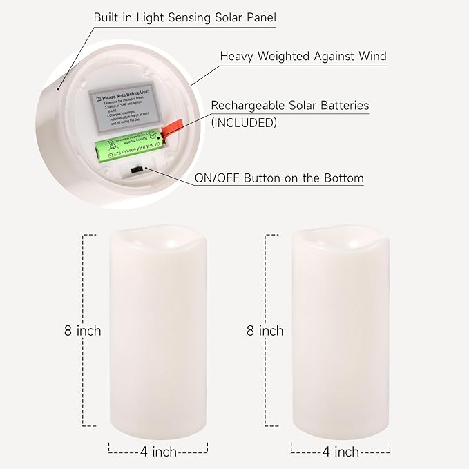 NURADA Large Outdoor Solar Candles Waterproof - 8" x 4" Rechargeable Solar Powered Flameless LED Pillar Flickering Candle for Patio Porch Lanterns Decor - Ivory White Set of 2