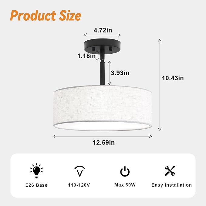 ALISADABOY Black Chandeliers with Lampshade Modern Chandelier 12.59 inches Contemporary 3 Light Semi Flush Mount Ceiling Light Drum Light Fixture for Kitchen Entryway Closet Hallway Bedroom