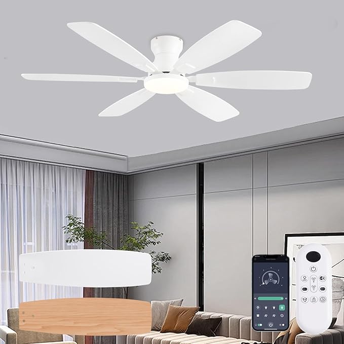 Ceiling Fans with Lights, 52 Inch Low Profile Ceiling Fan with Light and Remote Control, Flush Mount, Reversible, 3CCT, Dimmable, Quiet, White Ceiling Fan for Bedroom Indoor/Outdoor Use