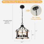 4-Light Farmhouse Chandelier, 12.5 Inch Rustic Black and Vintage Wood Finish Chandeliers for Dining Room Light Fixture, Adjustable Height Hanging Light for Kitchen Island, Entryway, Indoor