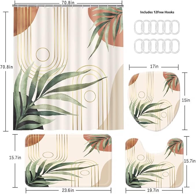 Boho Sage Green Shower Curtain Sets with Rugs 70.8Wx70.8L, Bathroom Set Bohemian with Non-Slip Rug, Toilet Lid Cover, U-Shaped Mat, Greenery Shower Curtain Boho Bathroom Shower Curtain Set