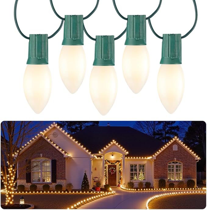 Brightown C9 LED Christmas Lights Outdoor, 100 FT 100 Warm White Connectable C9 String Lights for Christmas Tree Patio Roofline Garden Backyard Holiday Party Indoor Outdoor Decoration, Green Wire
