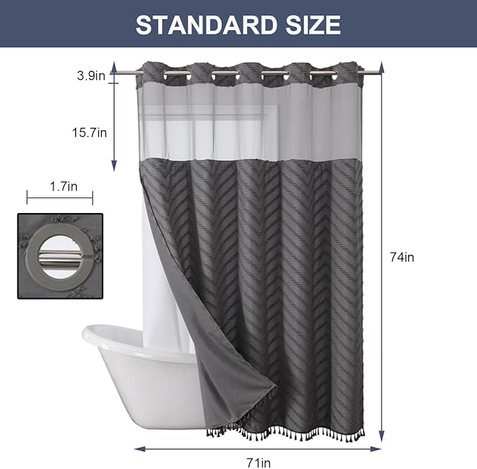 No Hook Shower Curtain Liner Set, Snap in Hookless Shower Curtain with Tassels, Ringless Chevron Tufted Fabric Boho Bathroom Curtains, Mesh Top Window Hotel Style Bath Curtains 74" x 71", Grey