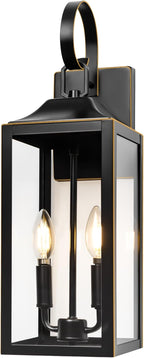 19" Large Outdoor Wall Light - Black Outside Wall Mounted Light Fixture with Gold Trim, Exterior Farmhouse Wall Sconce Lantern, Modern Porch Lighting Exterior Lamp for House 2-Light