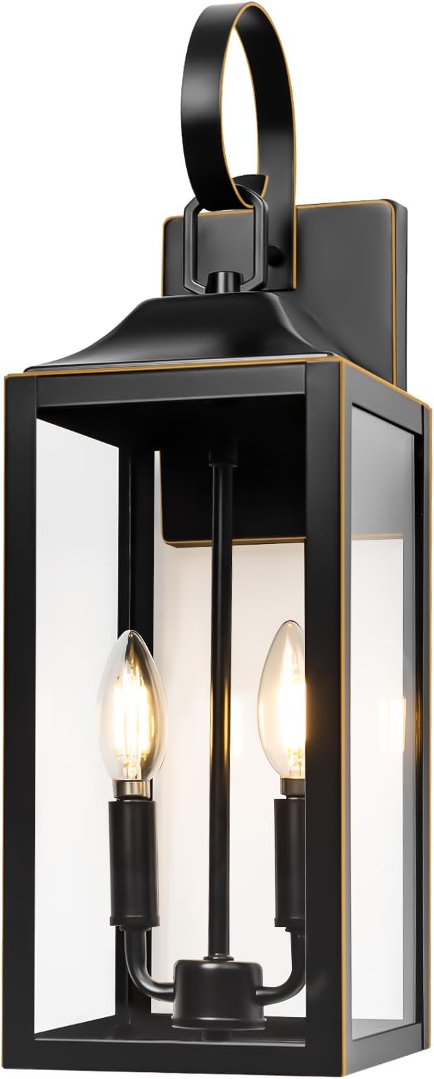 19" Large Outdoor Wall Light - Black Outside Wall Mounted Light Fixture with Gold Trim, Exterior Farmhouse Wall Sconce Lantern, Modern Porch Lighting Exterior Lamp for House 2-Light