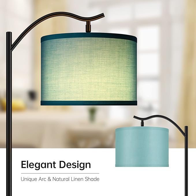 Montage Mid Century Arched Floor Lamp with Green Linen Shade, E26 Socket, Footswitch - Perfect for Living Room, Bedroom or Office