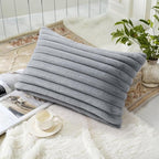 decorUhome Faux Fur Throw Pillow Covers 12x20 Set of 2, Decorative Soft Plush Striped Lumbar Neutral Couch Euro Pillow Covers with Velvet Back for Sofa, Bed, Living Room Home Decor, Grey