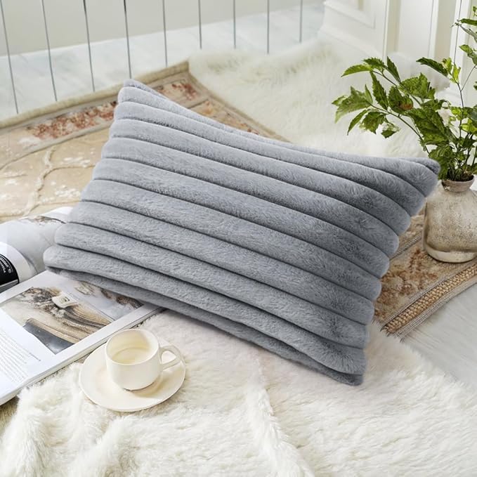 decorUhome Faux Fur Throw Pillow Covers 12x20 Set of 2, Decorative Soft Plush Striped Lumbar Neutral Couch Euro Pillow Covers with Velvet Back for Sofa, Bed, Living Room Home Decor, Grey