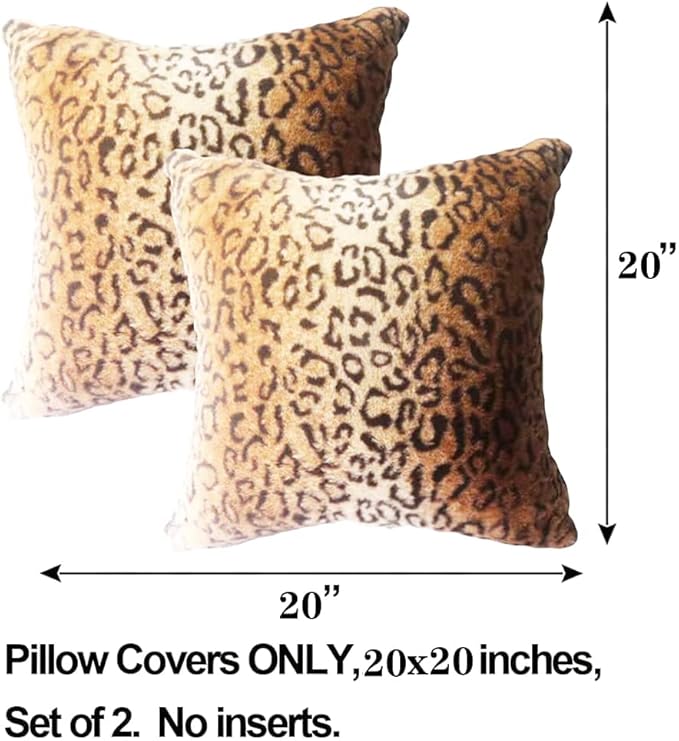 Faux Fur Throw Pillows, Set of 2 Decorative Square Couch Pillow Covers, 20x20 Leopard Cheetah Print Luxury Soft Plush Pillowcase for Sofa, Bed & Living Room Decor, Brown Gold