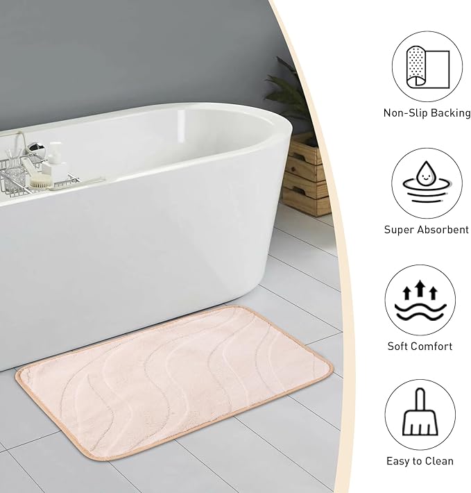 Bath Mats 30x20 Non-Slip Absorbent Bathroom Rug, Quick Dry Machine Washable Shower Tub Mat with Rubber Backing, Soft Floor Carpet for Bathroom Decor Wave White