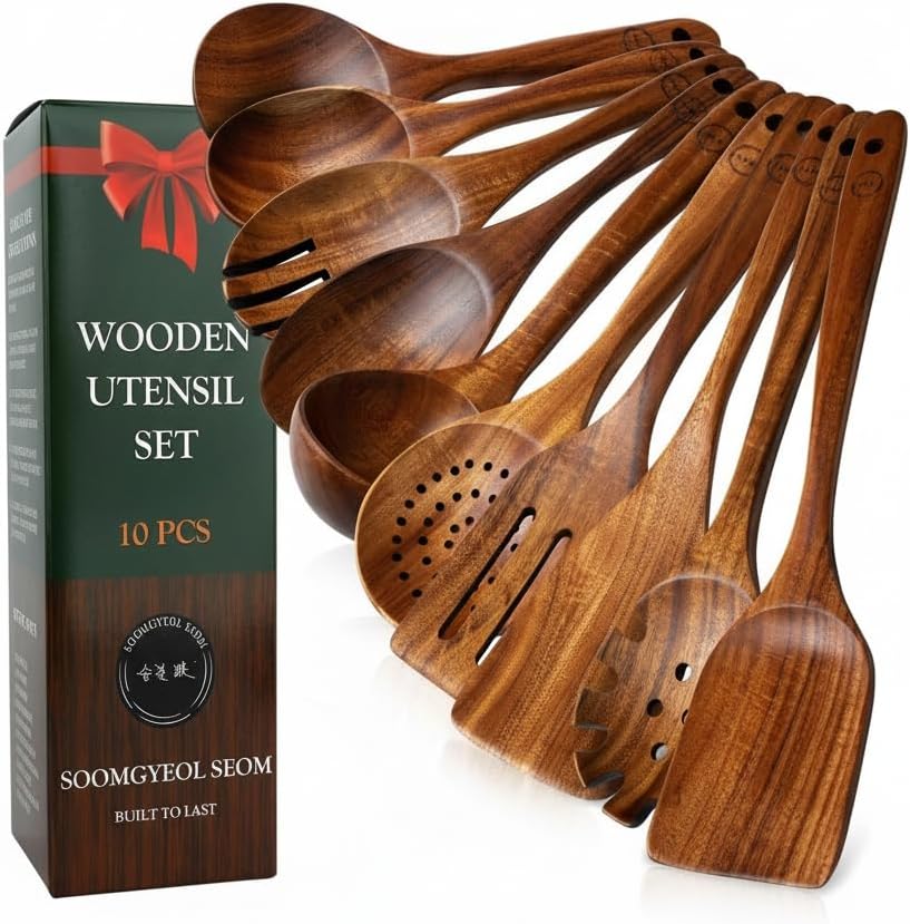 100% Natural Teak Wood Wooden Utensil Set – 10 Pcs Durable Kitchen Spoons for Cooking – Non-Stick & Heat Resistant, Eco-Friendly & Comfortable Grip