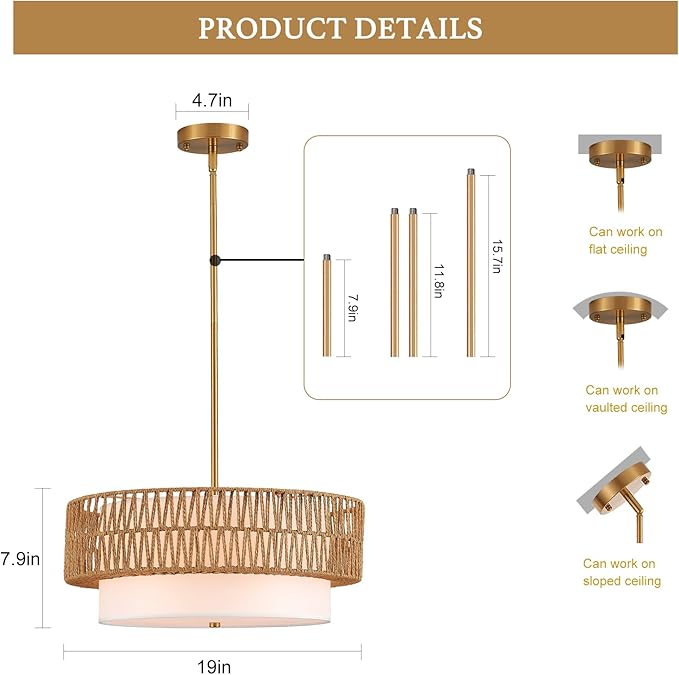 19" Rattan Chandelier 3-Light Vintage Farmhouse Hand-Woven Boho Hanging Light Fixture Modern Drum Wicker Rattan Gold Chandelier with Fabric Shade for Dining Room, Kitchen, Living Room