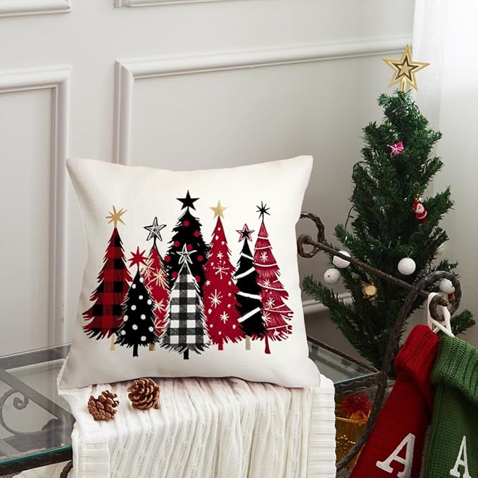 AACORS Christmas Pillow Cover 18X18 Inch Watercolor Christmas Tree Stars Decoration Holiday Farmhouse Winter Pillow Case for Sofa Couch Decor AA651-18