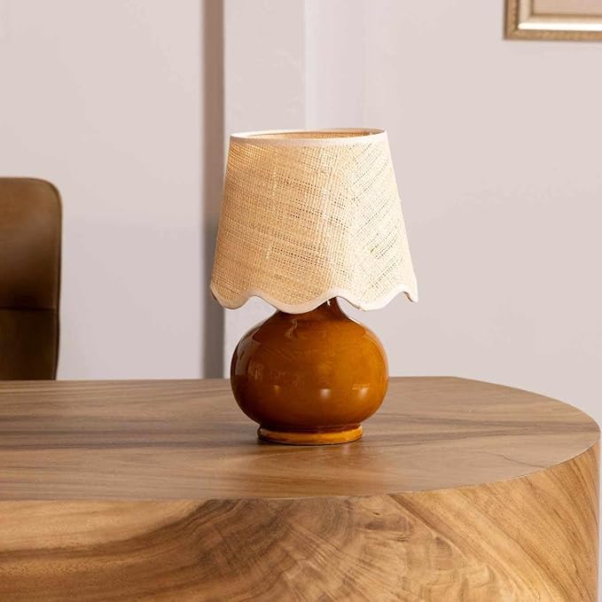 BoutiqueRugs Navarro Boho Ceramic Bedside Table Lamp for Bedroom Nightstand and Living Room - Shade Rattan - Brown, Rust, Beige - 13" H