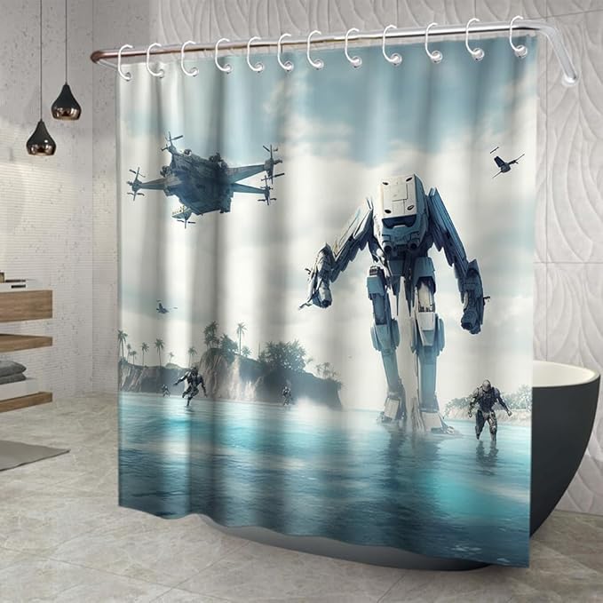Cool Universe Wars Bathroom Shower Curtain Soldiers Crossing River Marching Army Theme Kids Shower Curtain Set with 12 Hooks 72 inch x 72 inches Polyester Machine Washable, Green White