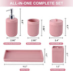 Resin Pink Bathroom Accessories Set 5 Pcs, Lotion Soap Dispenser, Toothbrush Holder, Bathroom Tumbler, Qtip Holder and Vanity Tray, Bathroom Countertop Organizer Set for Modern Home Apartment