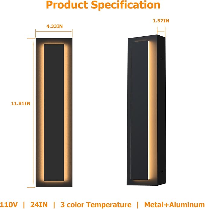 Picico 2pc 12in Modern LED Outdoor Wall Lights, Dimmable Black Exterior Wall Sconce Lighting Fixtures, Rectangular Mini Outdoor Garage Lights, 360° Beam Angle,Vertical Outdoor Lights for House Porch