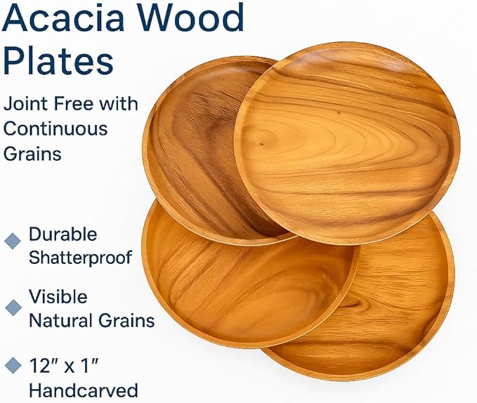 Acacia Wooden Plates – Set of 4, 12” Round Dinner & Charger Plates, Rustic Handcrafted Tableware for Charcuterie, BBQ, Farmhouse Dining, or Gift