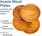 Acacia Wooden Plates – Set of 4, 12” Round Dinner & Charger Plates, Rustic Handcrafted Tableware for Charcuterie, BBQ, Farmhouse Dining, or Gift