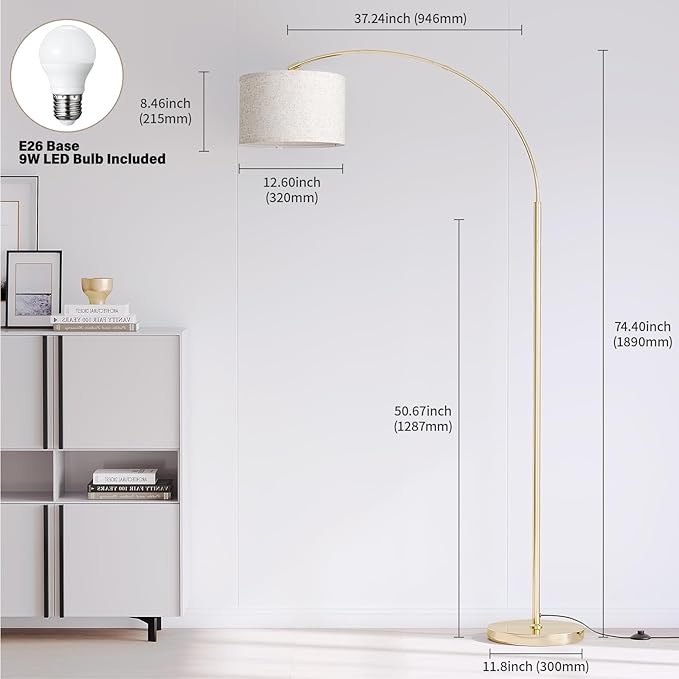 SUNMORY Arc Floor Lamp with 3 Color Temperature, Modern Floor Lamp with 9w A19 LED Bulb, 75″ Height Tall Lamp for Living Room with Hanging Drum Shade & Weighted Base. Arched Standing Lamp for Bedroom