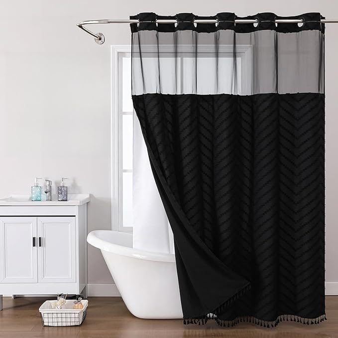 No Hook Shower Curtain Liner Set, Snap in Hookless Shower Curtain with Tassels, Ringless Chevron Tufted Fabric Boho Bathroom Curtains, Mesh Top Window Hotel Style Bath Curtains 74" L x 71" W, Black