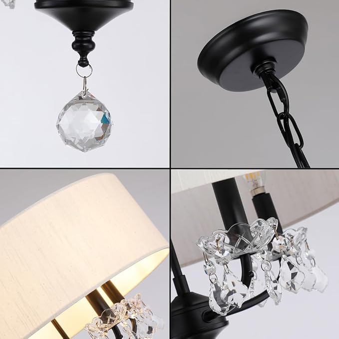 Black Drum Chandelier Modern Crystal Chandelier 4-Lights Drum Shade Beige Linen 17.75“ Chandelier Light Fixture for Bedroom,Dining Room,Living Room,Kitchen Island, E12,Chain Adjustable