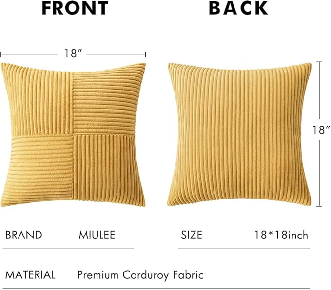 MIULEE Gold Corduroy Pillow Covers Pack of 2 Boho Decorative Spliced Throw Pillow Covers Soft Solid Couch Pillowcases Cross Patchwork Textured Cushion Covers for Living Room Bed Sofa 18x18 inch