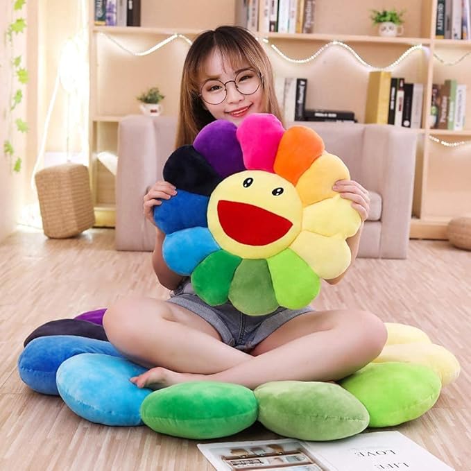Smile Face Plush Rainbow Pillow, Sunflower Indie Decor Plush Pillow Soft & Comfortable Flower Floor Pillow for Home Reading Bed Room Decoration (Rainbow Color)