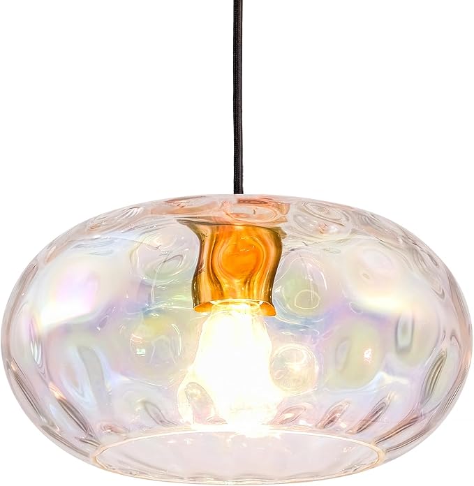 Stained Glass Pendant Lighting, 11" Hammered Lampshade Hanging Lamp, 1-Light Brass Gold Chandelier for Dining Living Room Kitchen Island