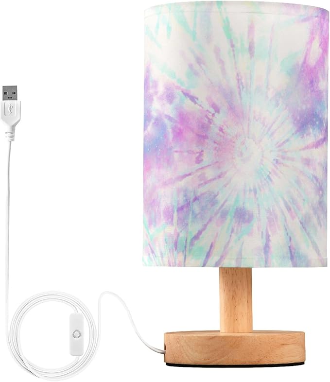 Table Lamp Pastel Pink Tie Dye Swirl Print Nightstand Lamp with Wood Base Fabric Lamp Shade Bedside Desk Lamp for Living Room Bedroom Kids Room Office