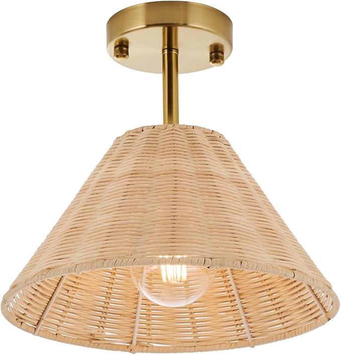Boho Gold Semi Flush Mount Ceiling Light, Farmhouse Rattan Ceiling Light Fixture with Hand-Woven Natural Cage Shade, Modern Mini Chandelier Rustic Retro Lights for Bedroom Hallway Entryway Dining Room