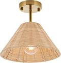 Boho Gold Semi Flush Mount Ceiling Light, Farmhouse Rattan Ceiling Light Fixture with Hand-Woven Natural Cage Shade, Modern Mini Chandelier Rustic Retro Lights for Bedroom Hallway Entryway Dining Room