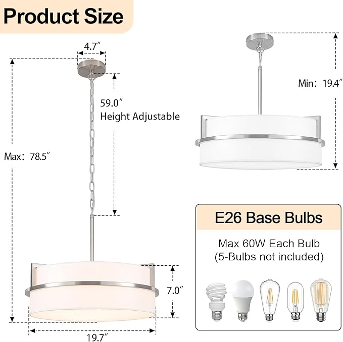 19.7" Modern Drum Chandeliers for Dining Room, 5-Light Brushed Nickel Chandelier with Round Linen Shades Hanging Large Drum Pendant Light Fixtures for Bedroom Living Room Entryway Foyer Kitchen