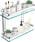 2-Tier Bathroom Glass Shelves, Wall Mounted Tempered Glass Shelf Organizer Storage Holder with 14 Inch Rectangular Glass (8mm Thick) and Aluminum Rail for Shower Lavatory, Hardware Included