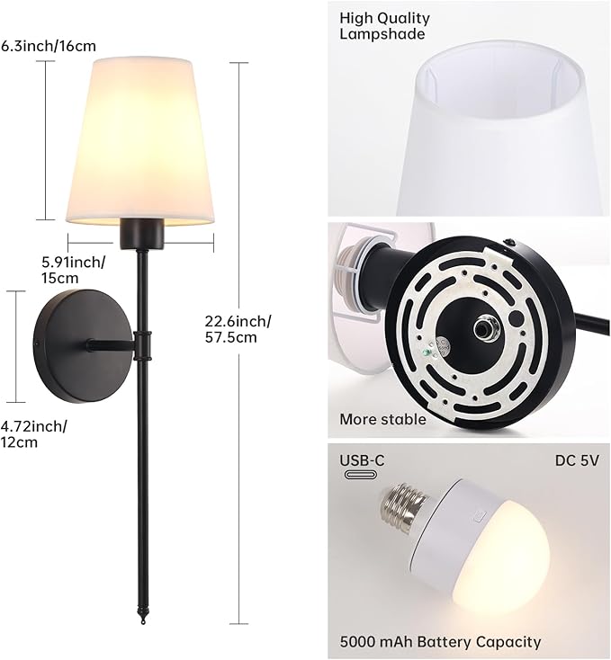 Battery Operated Wall Sconce, 120H Usage Time 22.6" Rechargeable Wall Light with Dimmable Bulb, 12 Colors Wall Sconce for Bedroom Living Room, Black