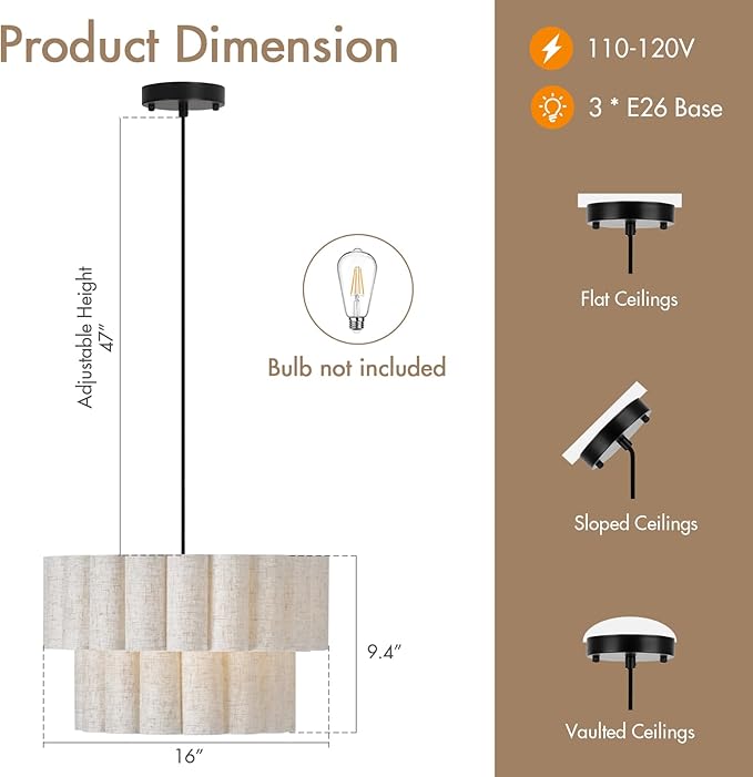 16 Inch Wavy Linen Chandelier Modern Pendant Light Fixture, Rustic Fabric Hanging Ceiling Lamp for Dining Room, Kitchen Island, Living Room, Foyer, Dimmable Lighting Over Table