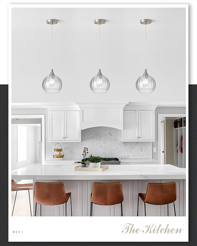 Brushed Nickel Pendant Lights Kitchen Island, Globe Pendant Light Fixtures with 8 Inch Clear Glass Shade, Modern Hanging Light Fixtures for Kitchen, Bedroom (2 Pack - Clear Glass Pendant Light)