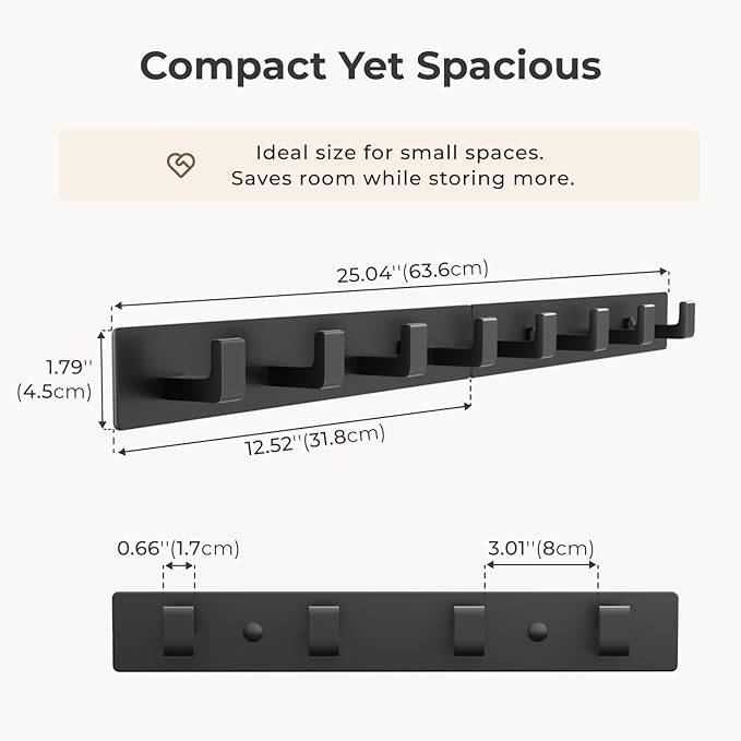 Black Wall Mounted Coat Rack- 2 Modular Rails (25'' Total), 8 Right-Angle Hooks, Modern Organizer for Entryway, Bathroom, Bedroom, Holds Coats, Towels, Hats