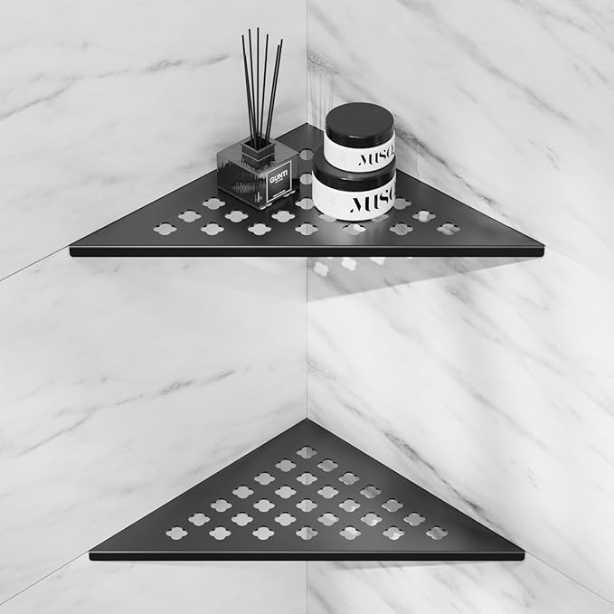 Shower Corner Shelf 10" Slot Design Corner Shelves for Inside Shower, 304 Stainless Steel Recessed Bathroom Shelves for Tiled Wall, Black 2 Pack (Floral)