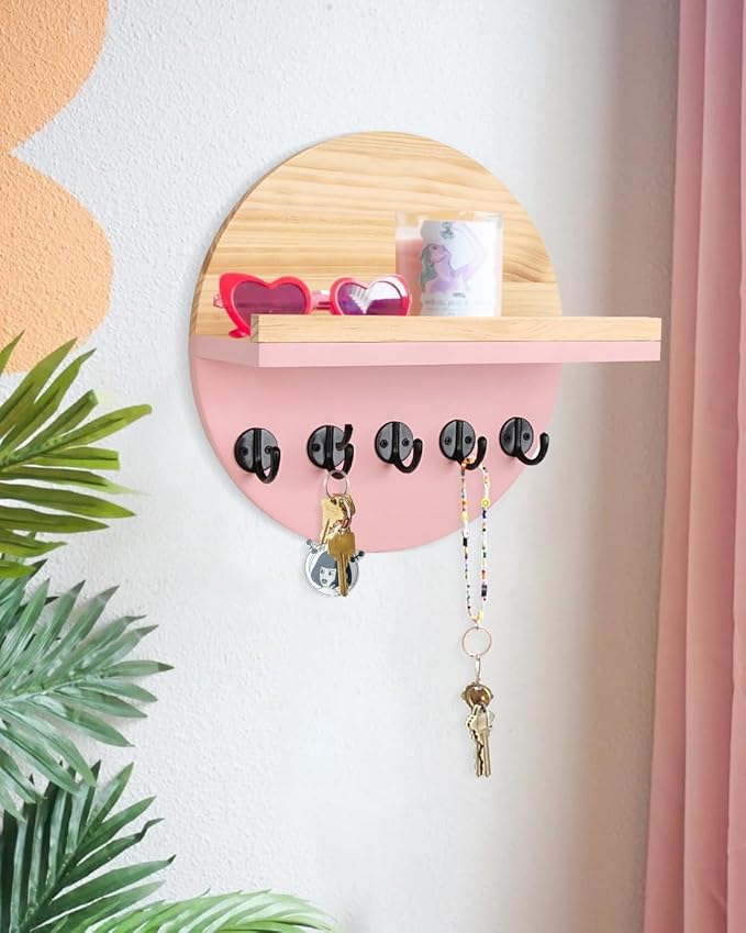 Pink Key Holder for Wall with Shelf - Wood Mail Organizer and Rack with Shelf Hooks Wall Mounted for Entryway Decor Magazines Letter Storage Farmhouse Living Room Bedroom Doorway