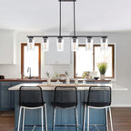 TODOLUZ 6-Lights Kitchen Island Pendant Light Fixture in Black Finish, Linear Hanging Ceiling Lighting Dining Room Chandelier with Seeded Glass Shade