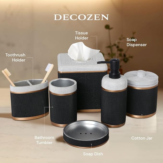 6-Piece Bathroom Accessories Set – Soap Dispenser, Toothbrush Holder, Tumbler, Soap Dish, Cotton Swab Jar & Toilet Brush – Modern Bathroom Decor Set (Seiler)