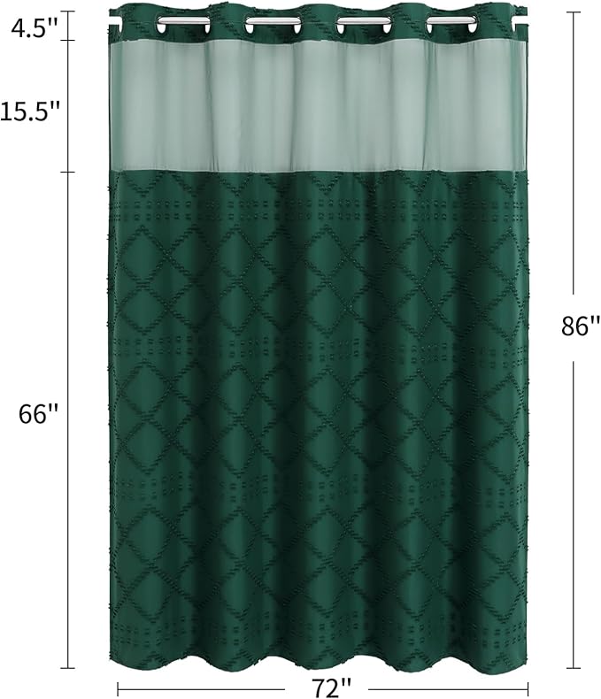 No Hooks Boho Dark Green Woven Fabric Shower Curtain 72 x 86 Modern Farmhouse, Tufted Chevron Striped Shabby Chic Textured, Minimalist Hookless Shower Curtains for Bathroom, Hotel Decor